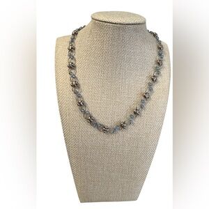#633 Silver Tone Blue Glass Beaded Linked Necklace